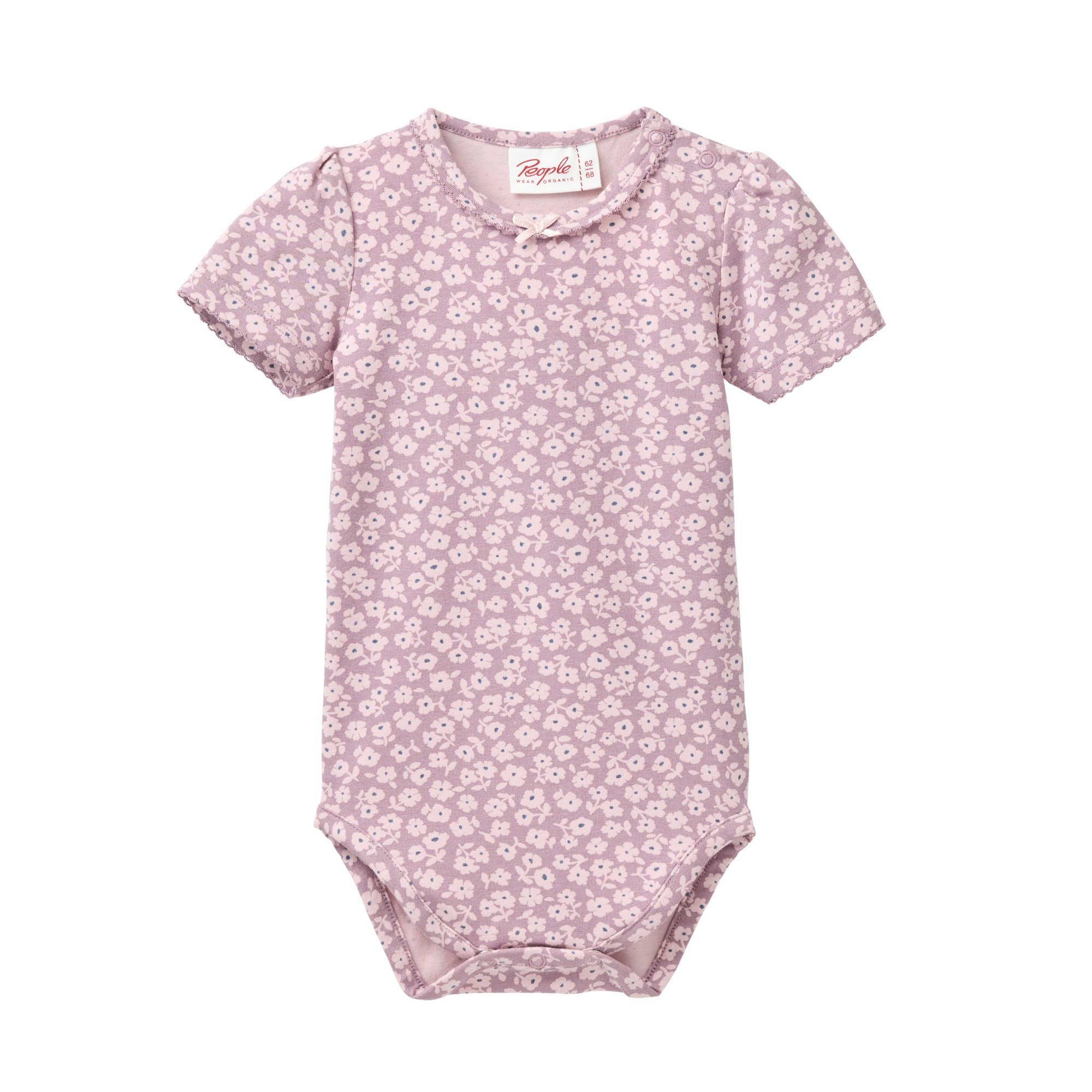 Baby-Kurzarmbody dunkelmalve mit Veilchen-Allover-Print aus Bio-Baumwolle