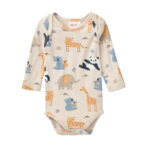 People Wear Organic Baby Body langarm GOTS-zertifiziert aus Bio-Baumwolle in Farbe Sand mit Zoo-Muster
