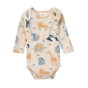 People Wear Organic Baby Body langarm GOTS-zertifiziert aus Bio-Baumwolle in Farbe Sand mit Zoo-Muster