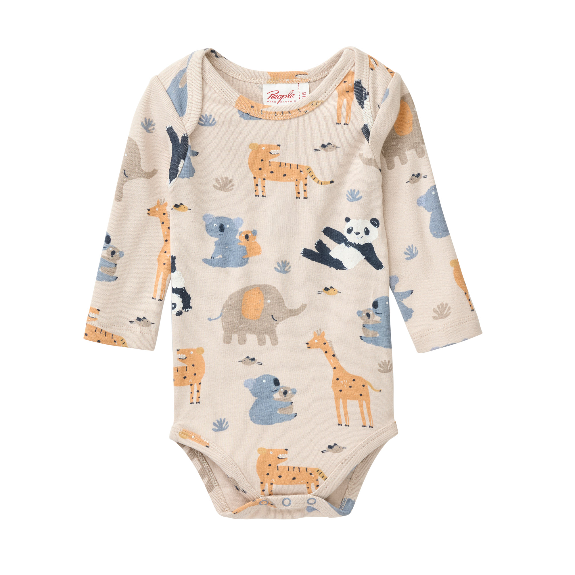 People Wear Organic Baby Body langarm GOTS-zertifiziert aus Bio-Baumwolle in Farbe Sand mit Zoo-Muster