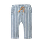 Blaugrau geringelte Baby-Sweathose aus Bouclé Sweat aus Bio-Baumwolle mit elastischem Bund, Bindeband, Taschen und umgeschlagenen Beinabschlüssen