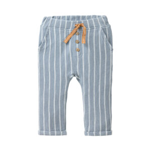 Blaugrau geringelte Baby-Sweathose aus Bouclé Sweat aus Bio-Baumwolle mit elastischem Bund, Bindeband, Taschen und umgeschlagenen Beinabschlüssen