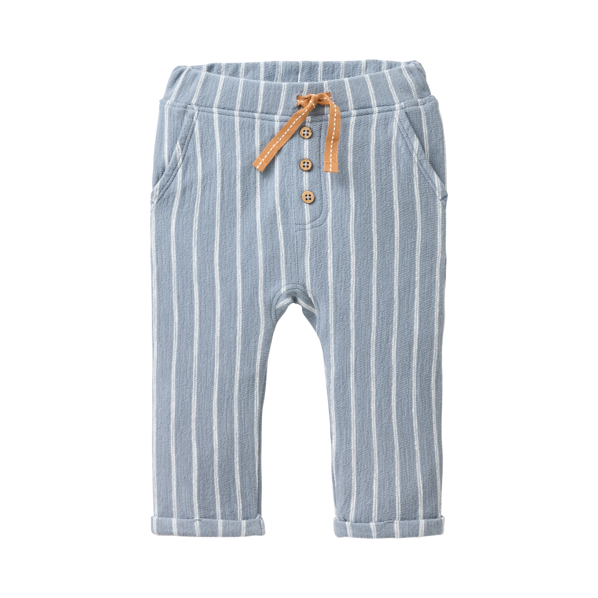 Blaugrau geringelte Baby-Sweathose aus Bouclé Sweat aus Bio-Baumwolle mit elastischem Bund, Bindeband, Taschen und umgeschlagenen Beinabschlüssen