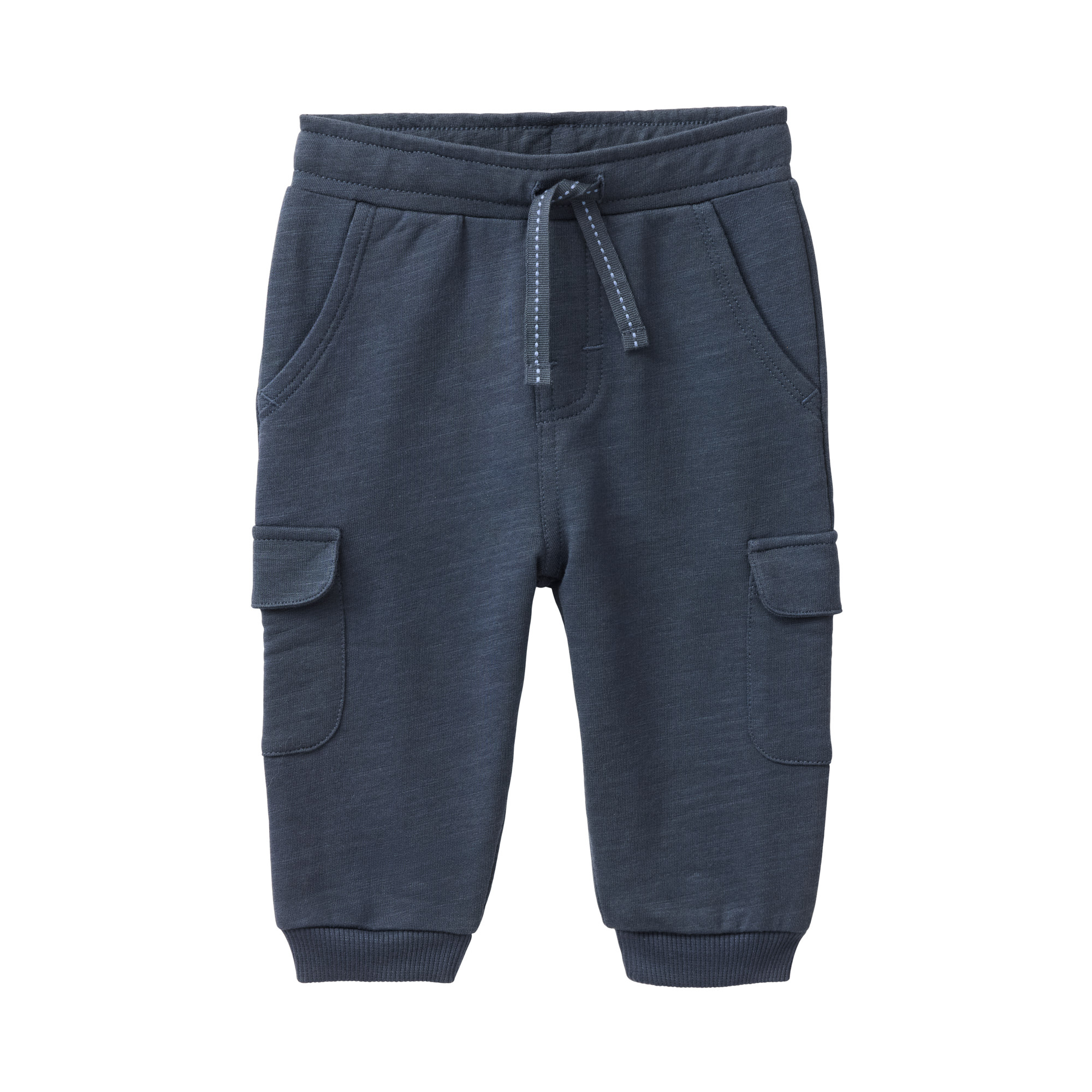 Dunkelblaue Baby-Sweathose aus Slub Sweat aus Bio-Baumwolle mit elastischem Bund, Bindeband, Cargotaschen und Beinbündchen