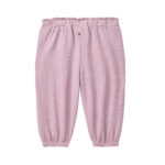 Rückansicht einer dunkelmalvefarbenen Baby Sweat-Hose aus Bio-Baumwolle