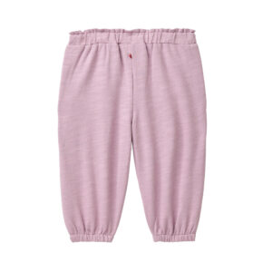 Rückansicht einer dunkelmalvefarbenen Baby Sweat-Hose aus Bio-Baumwolle