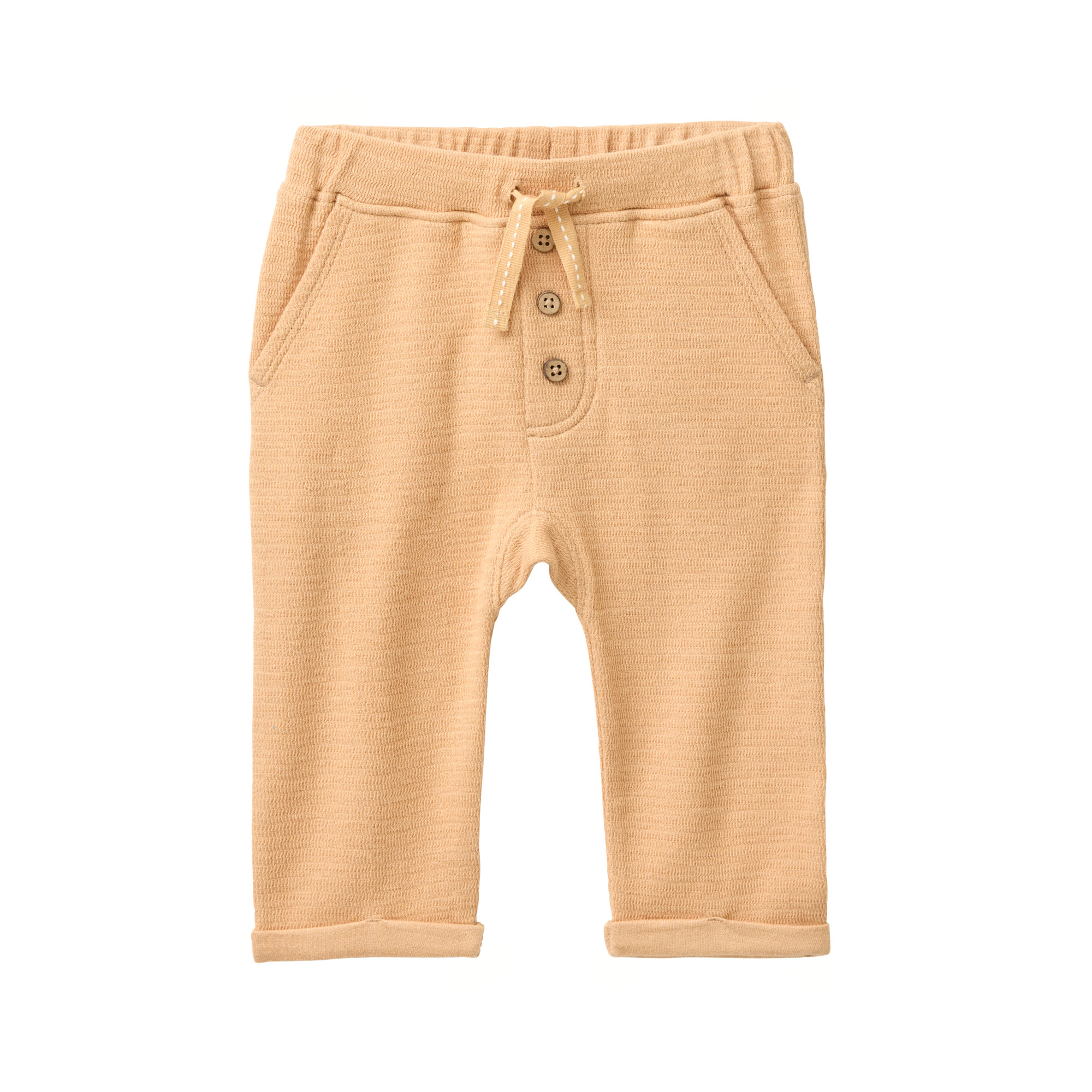 Honiggelbe Baby Sweathose mit Taschen, elastischem Bund, Zierknopfleiste und umgeschlagenen Beinabschlüssen