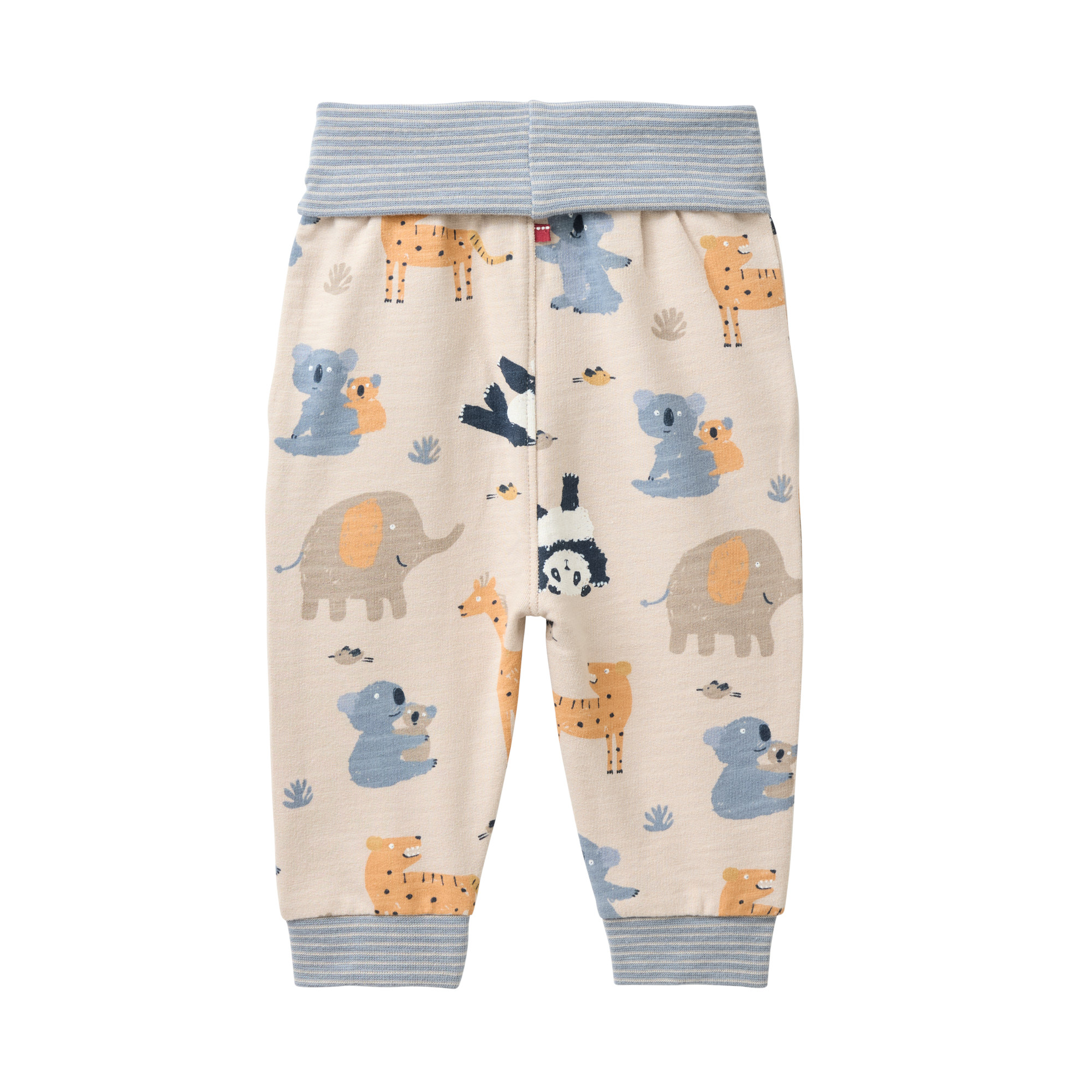 Beige Babyhose mit buntem Zoo-Muster, elastischem Umschlagbund und Beinbündchen (rückseite)