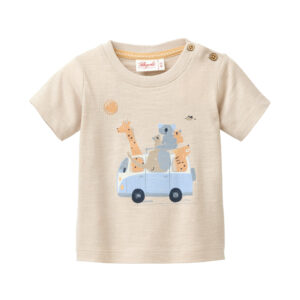 People Wear Organic Baby T-Shirt GOTS-zertifiziert aus Bio-Baumwolle in Farbe Sand mit Motiv "Abenteuerreise"