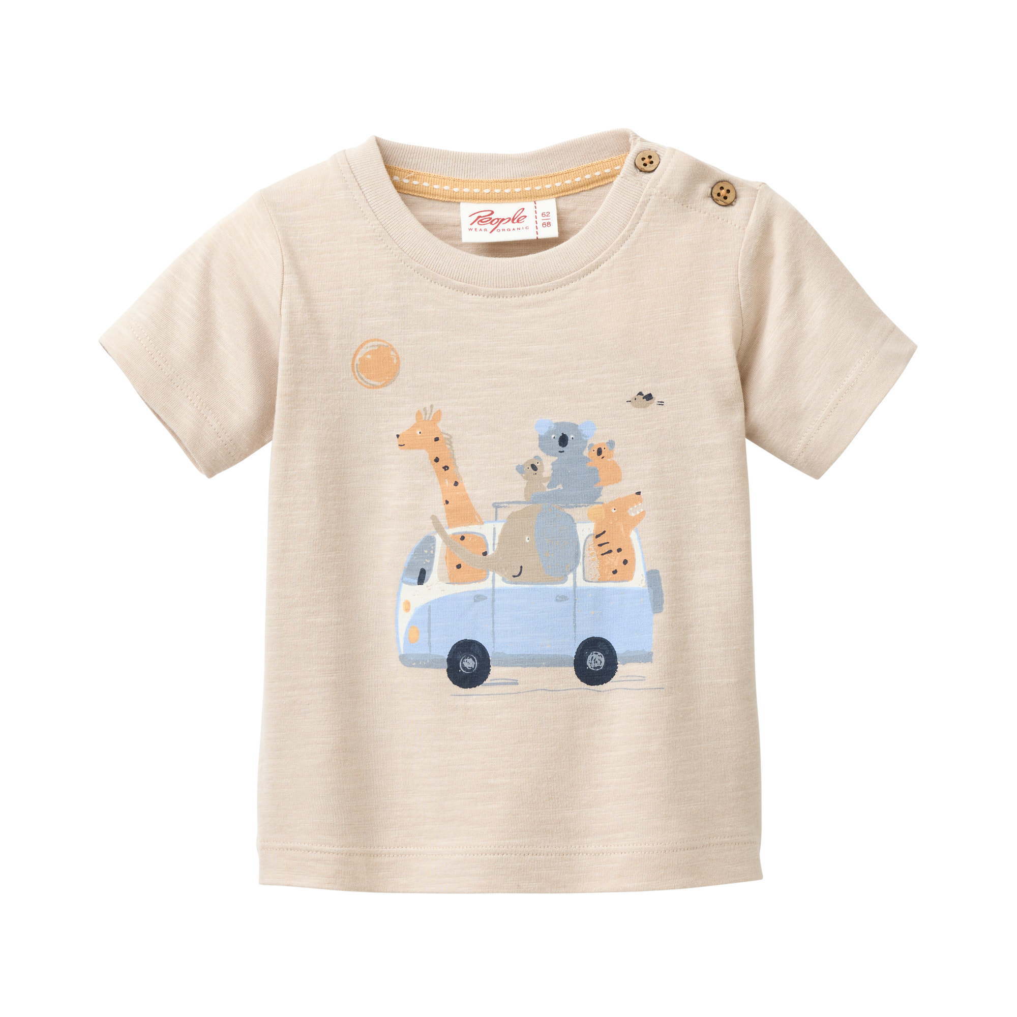 People Wear Organic Baby T-Shirt GOTS-zertifiziert aus Bio-Baumwolle in Farbe Sand mit Motiv "Abenteuerreise"