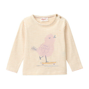 Baby Langarmshirt honiggelb geringelt mit Vogel Print aus Bio Baumwolle