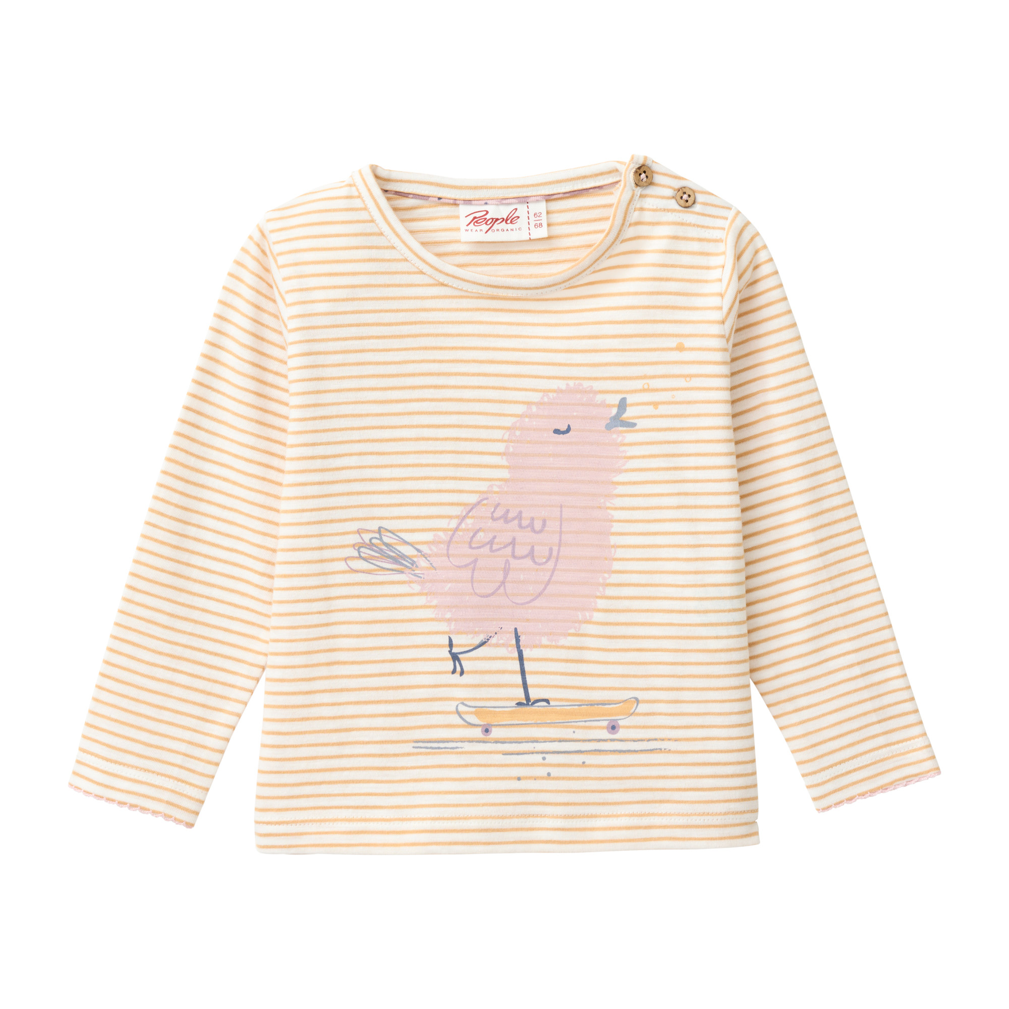 Baby Langarmshirt honiggelb geringelt mit Vogel Print aus Bio Baumwolle