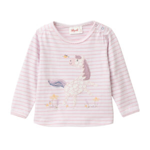 Baby-Langarmshirt malve geringelt mit Wild Horse Motiv aus Bio-Baumwolle