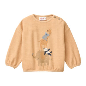Honiggelber Baby-Sweatpullover aus Doubleface Slub Sweat mit „We Are Friends“ Tierprint und Schulterknöpfen