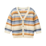 Bunt geringelte Baby-Strickjacke aus Bio-Baumwolle mit Knopfleiste im Halbpatenstrick