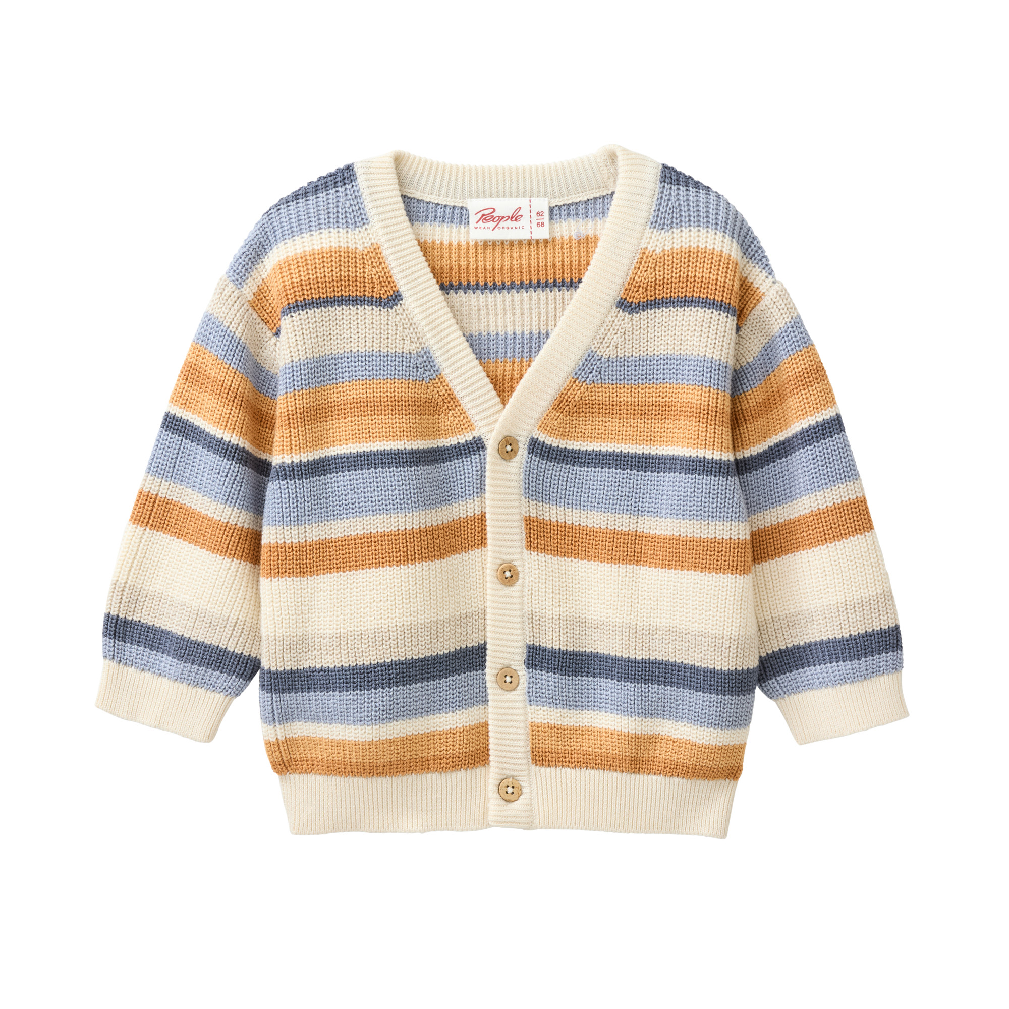 Bunt geringelte Baby-Strickjacke aus Bio-Baumwolle mit Knopfleiste im Halbpatenstrick