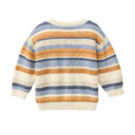 Rückseite der bunt geringelten Baby-Strickjacke im 10gg Halbpatenstrick