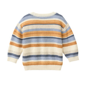 Rückseite der bunt geringelten Baby-Strickjacke im 10gg Halbpatenstrick