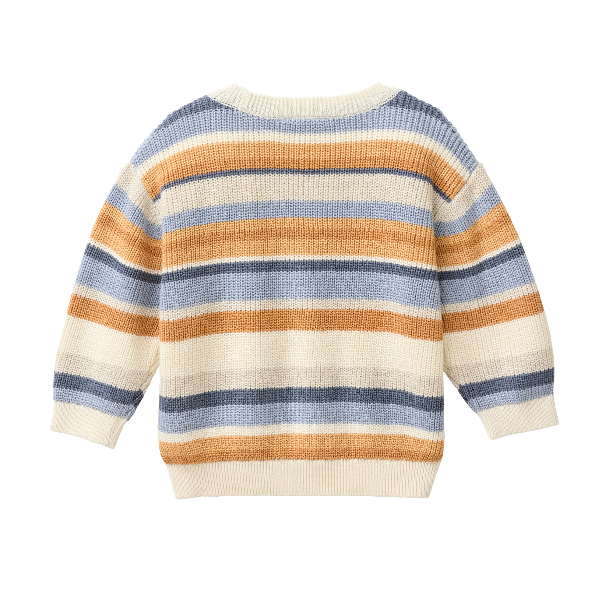 Rückseite der bunt geringelten Baby-Strickjacke im 10gg Halbpatenstrick