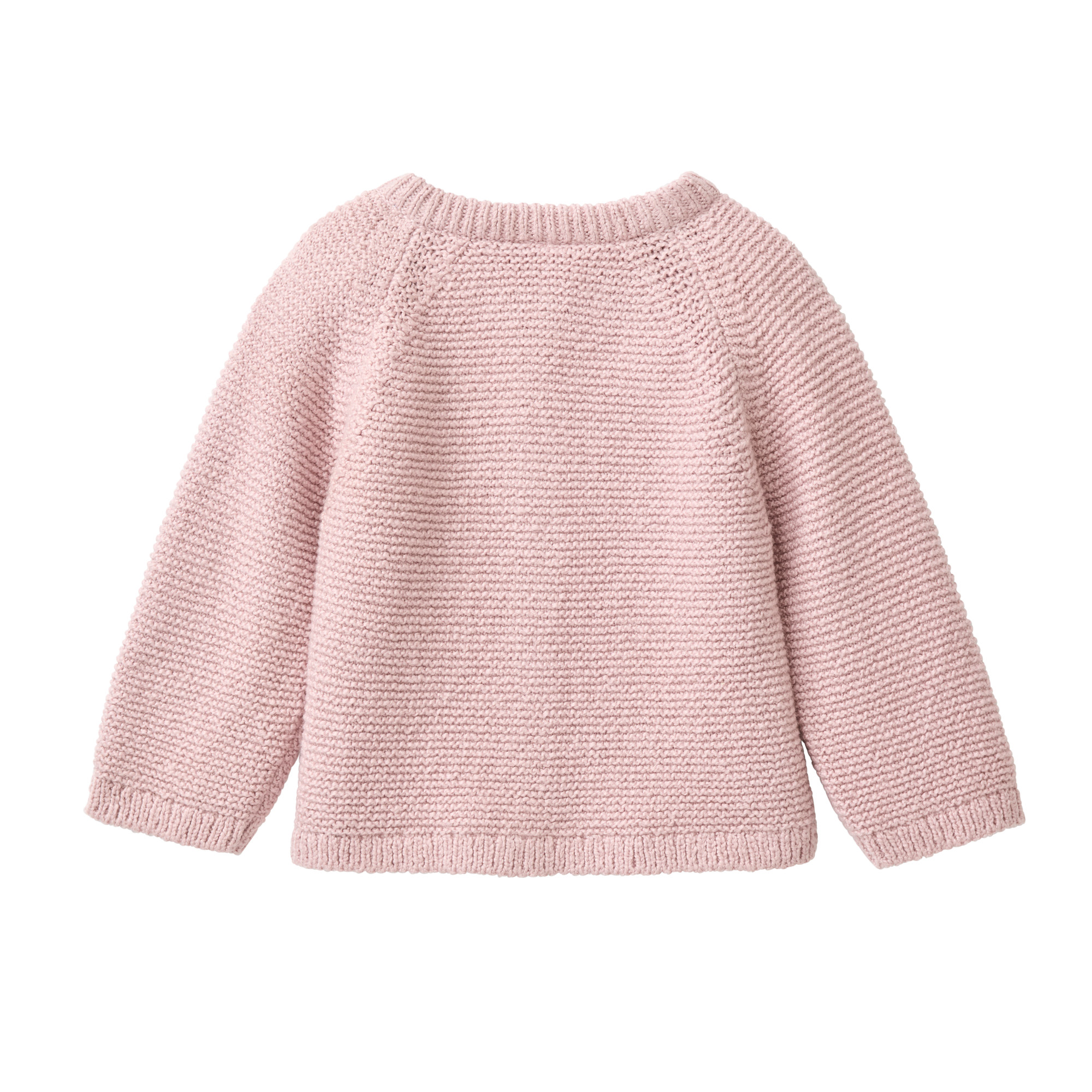 Rückseite der Baby Strickjacke malve aus Bio Baumwolle