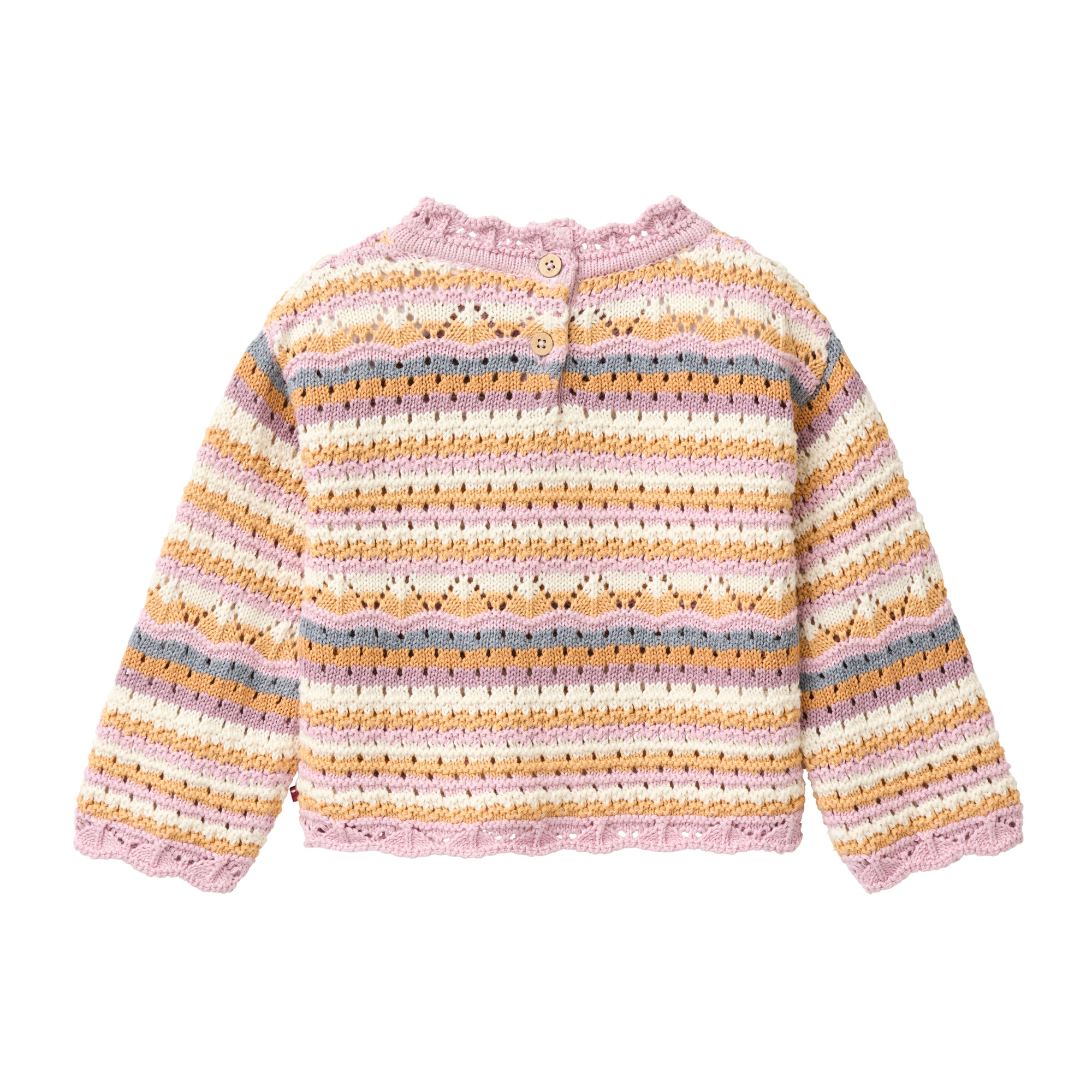 Baby Strickpullover bunt geringelt aus GOTS zertifizierter Bio Baumwolle mit feinem Pointelle Lochmuster mit knöpfen auf der Rückseite