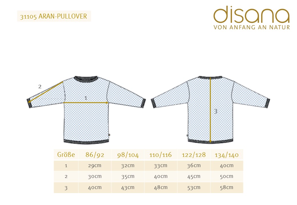 Disana-Aran-Pullover Übersichtstabelle Eine Übersichtstabelle der Größe für Aran-Pullover von Disana