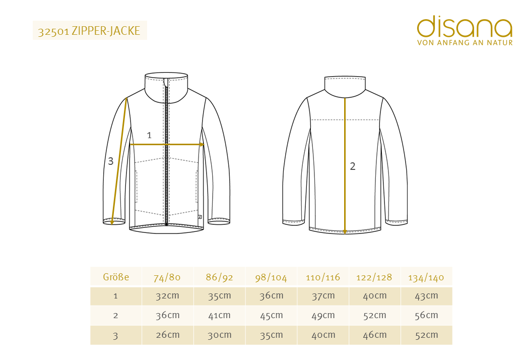 Disana Zipper Jacke Größentabelle Zeigt ein Größenübersicht der Disana Zipper Jacke an.
