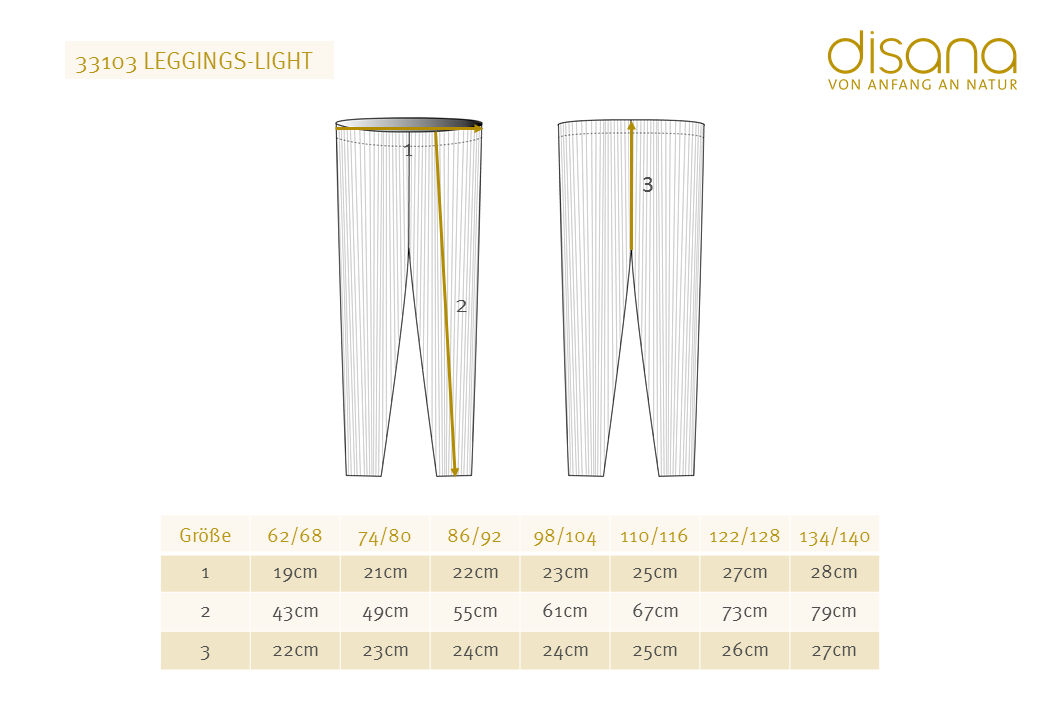 Disana Leggings Light Größentabelle Eine Größentabelle der Leggings light von der Marke Disana.