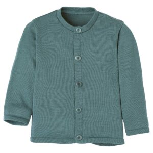 Eine Bio Strickjacke von Disana aus Merinowolle in der Farbe Eukalyptus