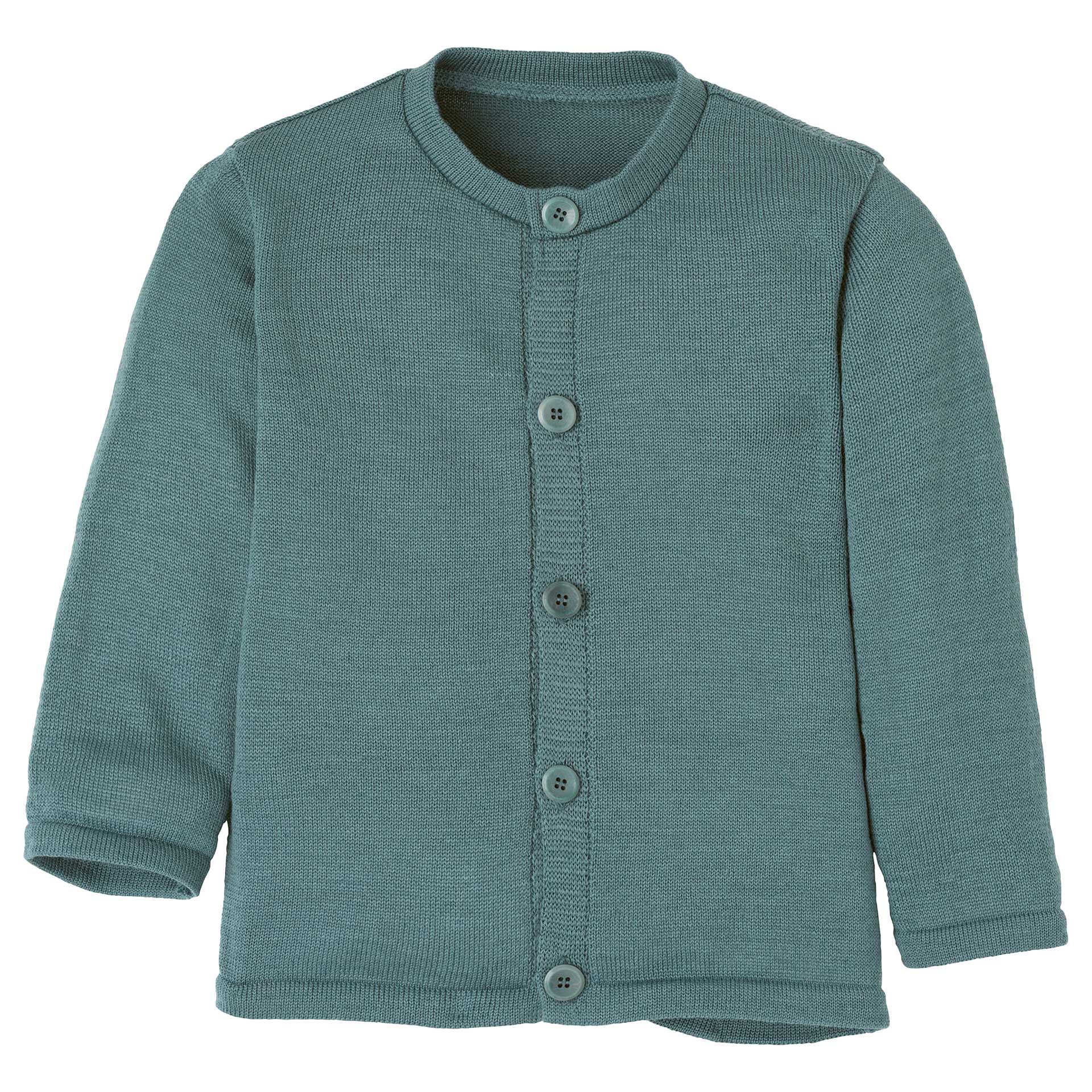 Eine Bio Strickjacke von Disana aus Merinowolle in der Farbe Eukalyptus