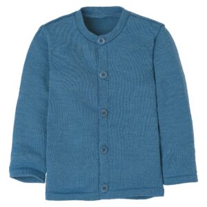 Eine Bio Strickjacke von Disana aus Merinowolle in der Farbe Taubenblau