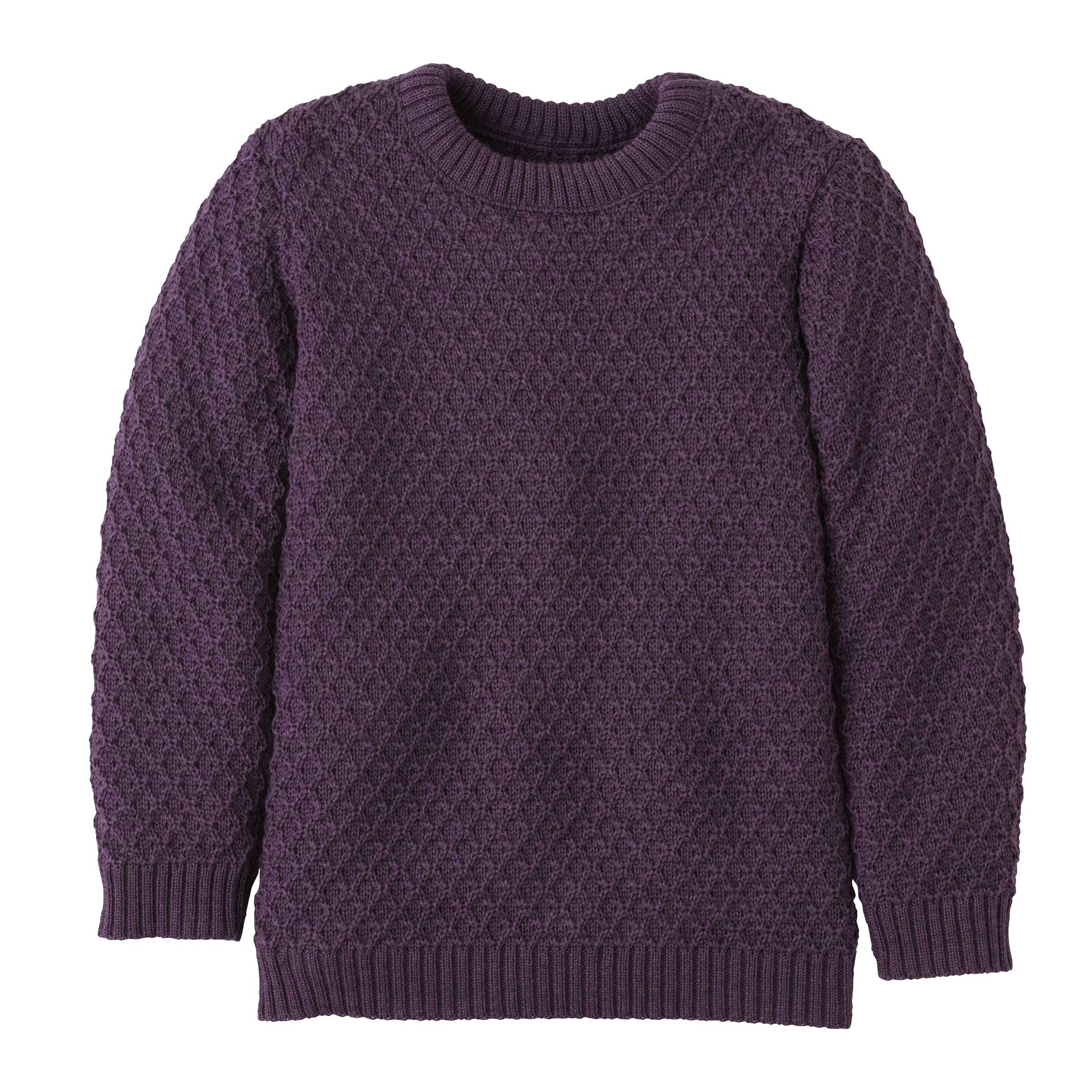Eine Bio "Aran" Strickpullover von Disana aus Merinowolle in der Farbe Aubergine