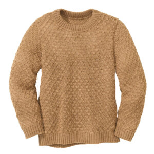 Eine Bio "Aran" Strickpullover von Disana aus Merinowolle in der Farbe Karamell
