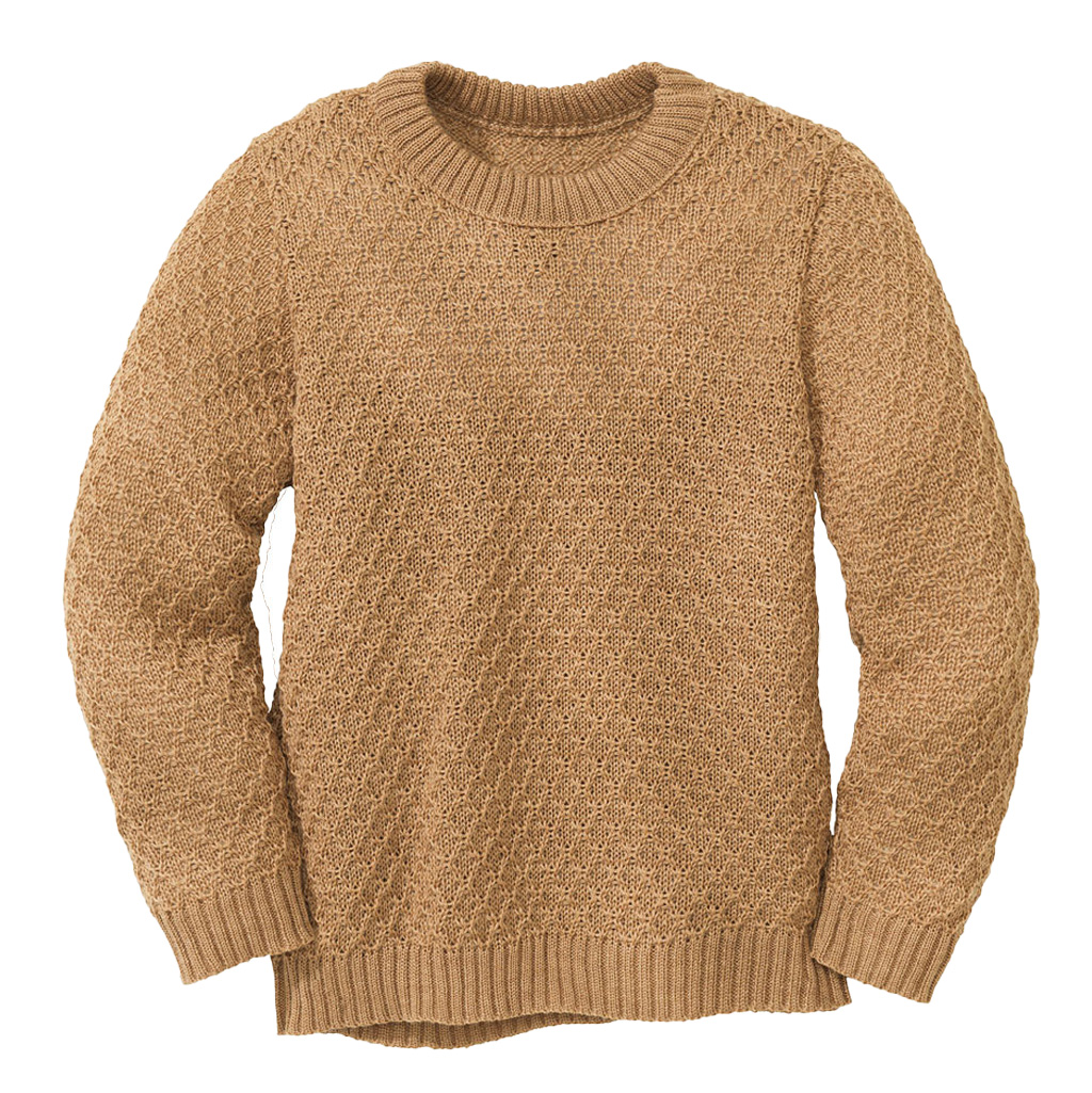 Eine Bio "Aran" Strickpullover von Disana aus Merinowolle in der Farbe Karamell