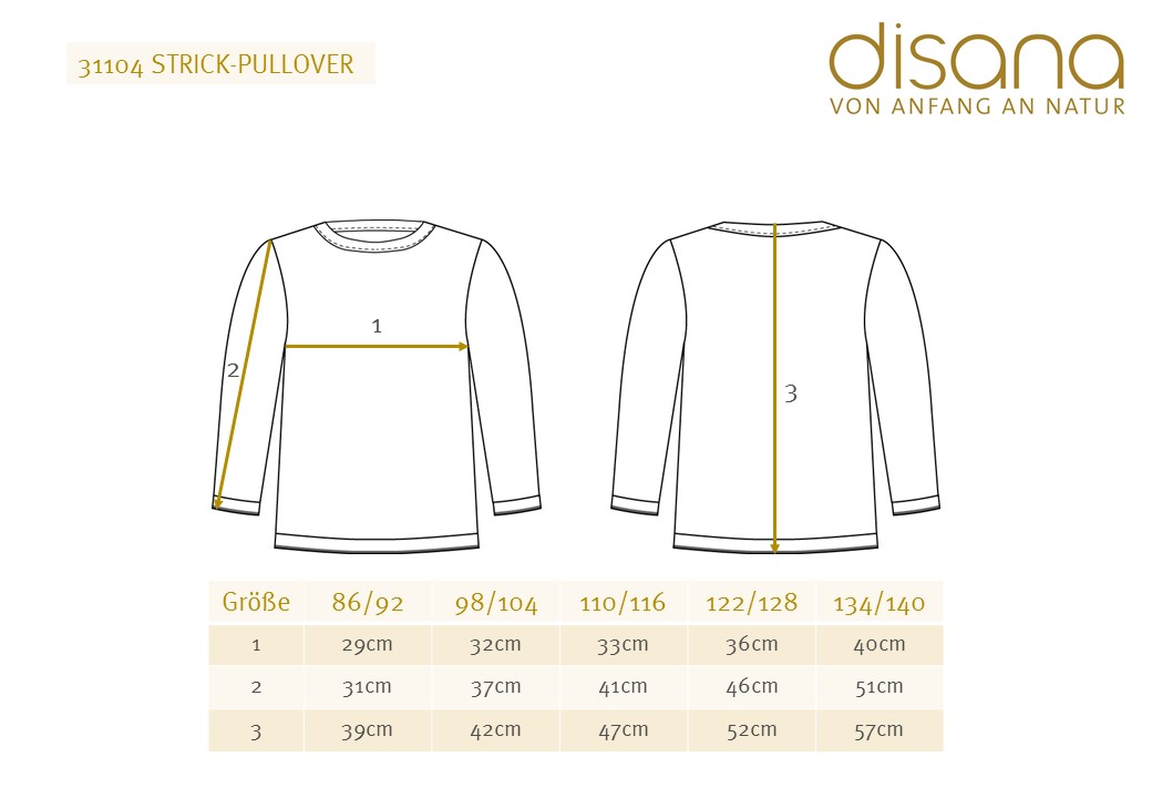 Disana Strick-Pullover Übersichtstabelle Eine Übersichtstabelle der Größe für Strick-Pullover von Disana